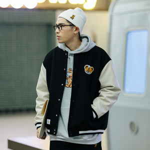 pso brand 冬季新款小熊刺绣棒球服男女潮牌宽松情侣夹克棉服外套