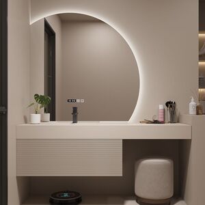 奶油风橡木浴室柜梳妆台组合岩板一体洗手洗脸盆卫生间洗漱台定制