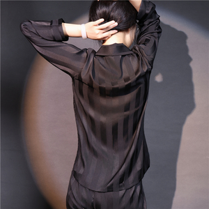 真丝睡衣女秋冬季长袖大码高级感100%桑蚕丝黑色竖条纹丝绸套装春