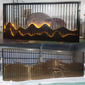 不锈钢屏风金属山水画背景墙庭院格栅黑钛金发光隔断恋山镂空造型