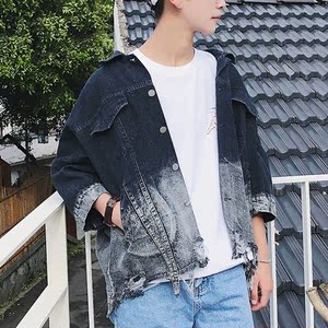 夏季日系复古短袖牛仔衣男士宽松韩版七分袖外套青年薄款中袖夹克
