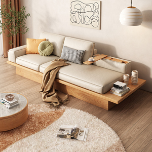 日式实木沙发侘寂风客厅储物三人位原木风简约科技布一字直排乳胶