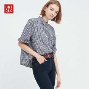 优衣库 女装 全棉格纹衬衫(五分袖 通勤 衬衣) 448812 uniqlo