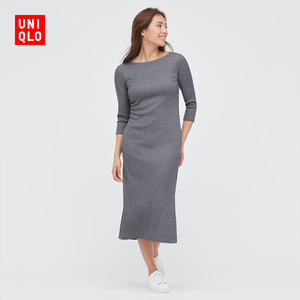 优衣库 女装 罗纹侧开叉修身连衣裙(七分袖)初秋 441144 uniqlo