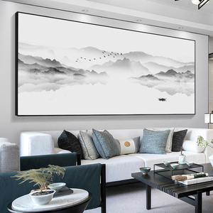 新中式黑白抽象山水画茶室客厅沙发背景墙挂画简约禅意境横版