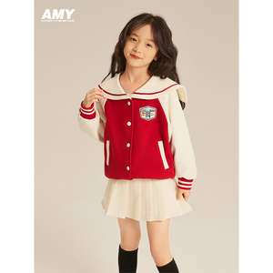 Amybaby女童外套2024新款儿童韩版时髦洋气拼色休闲海军领棒球服