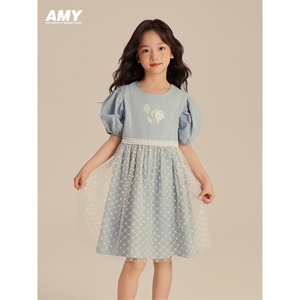 Amybaby女童连衣裙2024新款儿童花朵刺绣泡泡裙时髦蕾丝公主裙