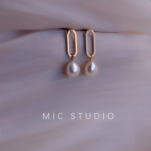 MIC·天然异形巴洛克珍珠耳钉链条纯银镀金回形针长短链子耳环