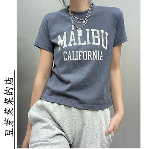 美式字母印花短袖t恤雾霾蓝malibu半袖打底衫复古短款上衣女ins潮