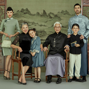 新款影楼亲子全家福摄影服装民国风中式一家六口合影拍照家庭装