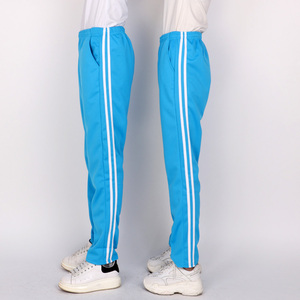 浅蓝色校服裤子两道杠中小学生宽松直筒男女运动裤双白条大码校裤