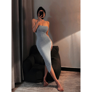 欧美风性感辣妹针织露背设计后妈裙女秋冬打底吊带长裙开叉连衣裙