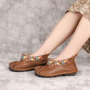 相伴手工原创女鞋民族风汉服古风绣花复古单鞋软底平跟牛皮休闲鞋