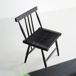 侘寂风白蜡木草座椅家用客厅黑色实木餐椅现代简约原木绳编休闲椅