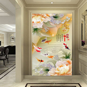 玉雕牡丹花九鱼图玄关背景墙壁纸壁画现代简约过道招财风水8d墙纸