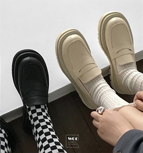 韩国代购 黄油奶白色 增高百搭厚底松糕鞋复古pu单鞋皮鞋