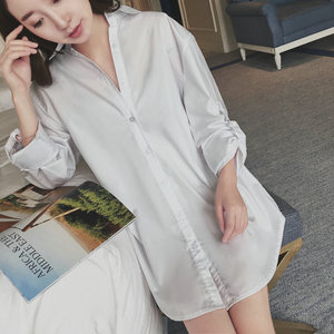 睡裙女衬衫式夏性感薄款白色睡衣bf风中长款纯棉韩版少清新可外穿