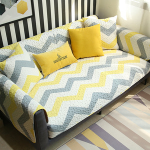 北欧黄色条纹全棉沙发垫简约现代布艺防滑四季通用坐垫皮沙发ins