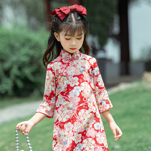 国风童装改良旗袍女童中国风纯棉连衣裙夏款中袖儿童民国风演出服