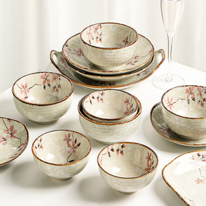 墨色日式餐具套装家用陶瓷碗碟中式乔迁碗筷釉下彩碗盘子组合雪樱