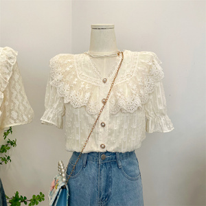 十三行韩版夏季新款女装气质减龄蕾丝花边上衣设计感提花雪纺衬衫