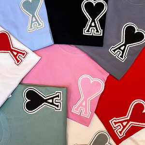 高版过验ami大爱心刺绣短袖男女同款宽松纯色休闲情侣款纯棉t恤潮
