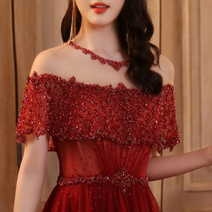 结婚敬酒服2020新款气质显瘦仙女裙酒红色新娘服装婚礼披肩礼服女