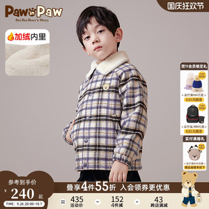 PawinPaw卡通小熊童装冬男童毛呢格子外套儿童舒适加绒