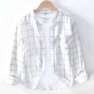 浅色大格子亚麻衬衫男潮宽松长袖日系文艺小清新夏季棉麻衬衣外套