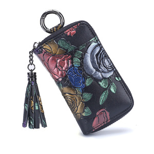 新款流苏女士真皮时尚玫瑰花纹多功能大容量小巧8个钥匙位小卡包