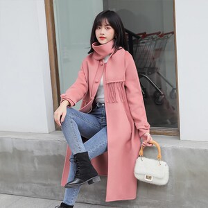 sandro moscoloni高端气质粉色双面羊绒大衣秋新款可拆围巾领外套