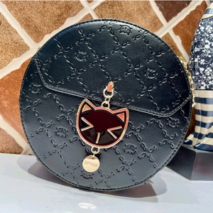 cream bear三猫时袋包包纯黑色猫咪包大容量女包单肩斜挎手提圆包