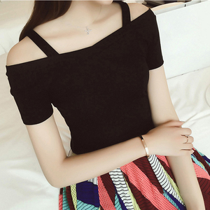 肩带一字肩短袖女夏露肩性感黑色t恤纯棉显瘦修身露背一直领上衣