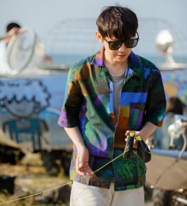 原版向往的生活6何炅同款短袖衬衫翻领拼接拼色衬衣百搭男衣服潮