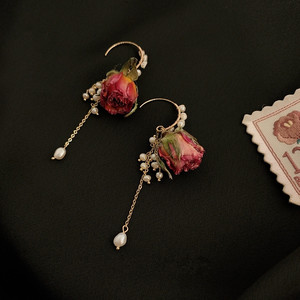 玫瑰耳环复古永生花耳坠女气质长款网红 时尚 超仙真花干花耳饰