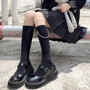 黑色链条小腿袜女秋冬日系纯棉jk中筒袜ins潮网红个性朋克袜子酷