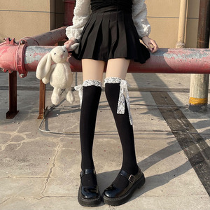 洛丽塔过膝袜日系可爱蕾丝系带花边长筒袜女黑色lolita绑带高筒袜