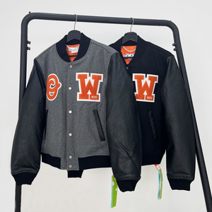 正品off white ow休闲羊毛尼拼接皮质外套机车风植绒刺绣棒球服潮