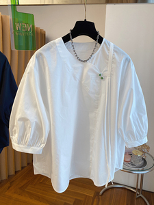 新中式国风高端别致白色圆领短袖衬衫女夏季纯棉小衫洋气半袖上衣