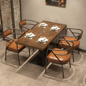 美式复古实木餐桌椅组合主题餐厅长方形一桌四椅商用酒店长条桌子