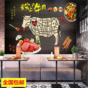舌尖上牛肉火锅店墙面装修壁纸饭店餐厅背景墙壁画无缝宣绒布壁布