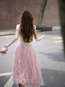 超仙少女蔷薇粉重工羽毛亮片高级感氛围感网纱半身裙荷叶边公主裙