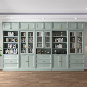 书柜一体到顶整墙美式防尘带柜门书橱客厅组合法式实木定制顶柜子