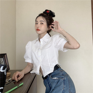白色衬衫女小个子夏短袖气质翻领韩系短款露肚脐上衣甜美抽绳纽扣