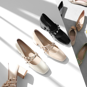 鞋铆钉裸色cl法式少女小高跟鞋ck新款女鞋粗跟2020新版潮白色单鞋