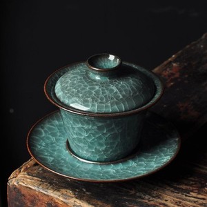 蓝义丰瓷坊 兰宗民手工铁胎三才盖碗 冰裂纹百级碎泡茶碗青瓷茶具