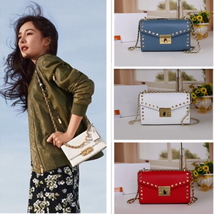 美国真皮单肩包女包包杨幂同款时尚名牌铆钉包小方包斜跨包女mk潮