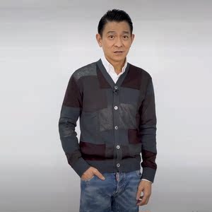 刘德华抖音同款拼接撞色针织开衫2021春季新款潮流帅气v领毛衣男