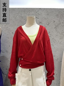 6PENCE-P韩国东大门正品夏款女装代购V领侧系扣纯色长袖针织开衫