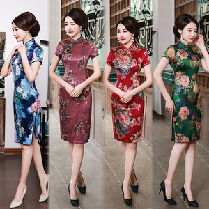 老古代春夏改良旗袍印花短裙中国风修身复古日常大码妈妈女装宴会